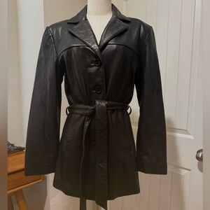Hillard & Hanson Black Leather Belted Coat